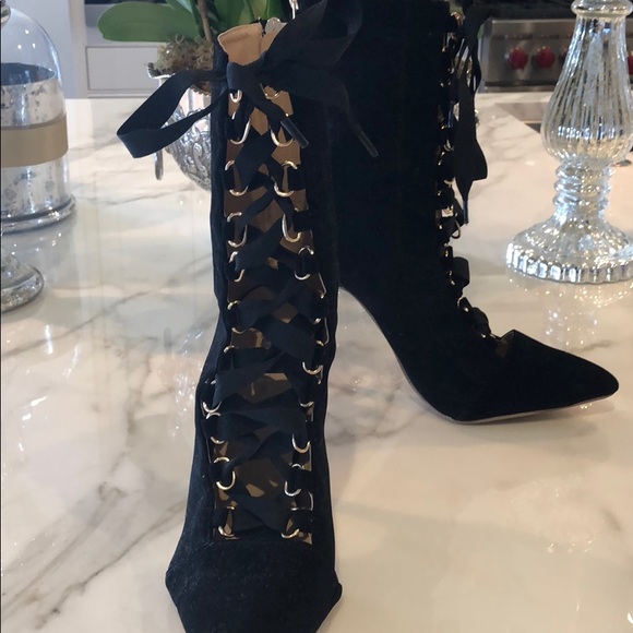Sexy pointed toe velvet lace up boots - Picture 5 of 7